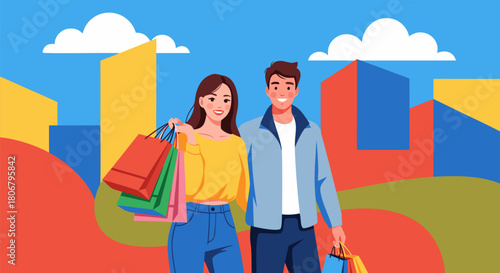 Happy young couple with shopping bags standing together in a modern city. Vector illustration of a man and woman on a shopping spree. e