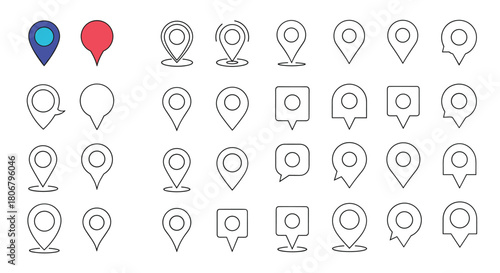Collection of diverse map pin icons in various styles and designs, representing location markers and navigation.