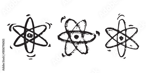 Set of hand drawn atom sign Molecule clipart in doodle style Symbol of science, education, nuclear energy, scientific research, molecular chemistry Single element for print, web, design