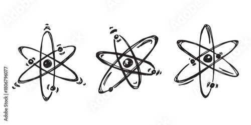 Set of hand drawn atom sign Molecule clipart in doodle style Symbol of science, education, nuclear energy, scientific research, molecular chemistry Single element for print, web, design
