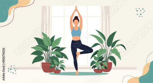 Woman doing yoga tree pose in a room with potted plants and a window.