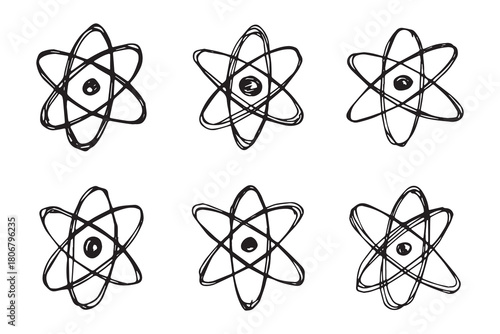 Set of hand drawn atom sign Molecule clipart in doodle style Symbol of science, education, nuclear energy, scientific research, molecular chemistry Single element for print, web, design