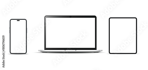 Realistic Front View Laptop, Smartphone, and Tablet Device Mockup Set on Clean White Background for Modern UI UX App Design, Website Presentation, and Digital Product Showcase – High Quality Vector