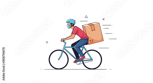 Delivery person wearing a mask rides a bicycle with a package on the back.