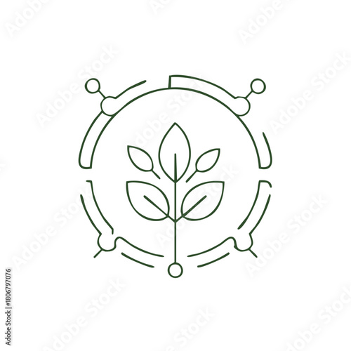 Green Technology and Organic Growth Icon: Leafy Plant within Circular Network