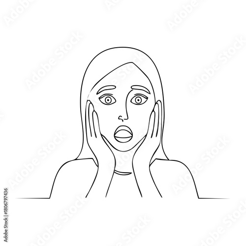 Woman with wide eyes and open mouth expressing shock or disbelief drawn in a simple line art style