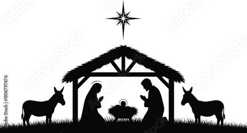 Silhouette nativity scene with Mary, Joseph, baby in manger, stable, star of Bethlehem, Christmas religious artwork, holy family illustration vector
