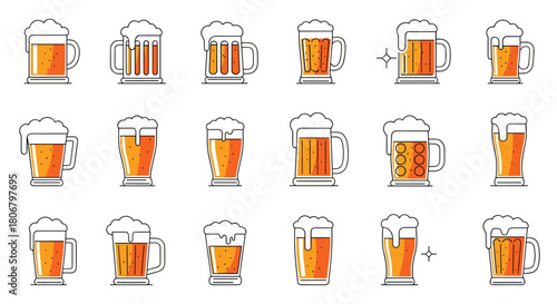 A collection of flat design illustrations of beer mugs and glasses filled with golden beer and frothy foam.