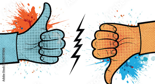 Pop art illustration of opposing thumbs up and thumbs down with colorful paint splatters.