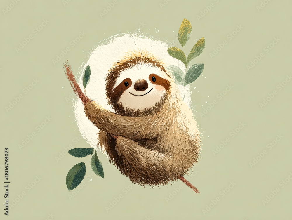 Obraz premium Cute sloth illustration hanging on a branch surrounded by green leaves and soft background