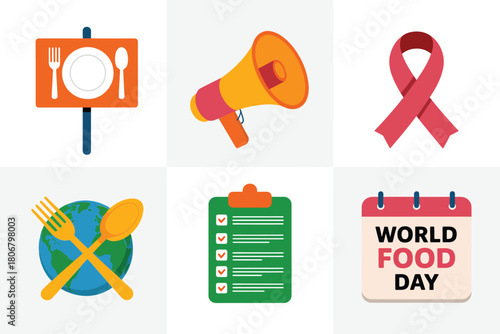 Awareness tiles set, dinner plate, megaphone message, pink ribbon, calendar mark, checklist board, world food day