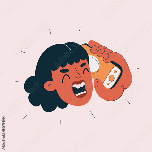 Cartoon vector illustration of a woman talking on the phone, annoyed as a metaphor for stressful communication