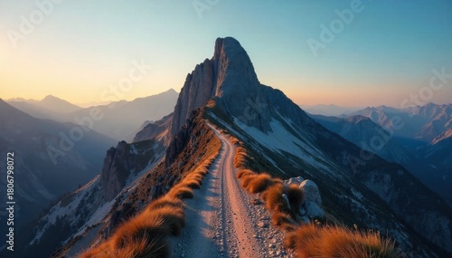 Rugged Mountain Ridge Path Winding Through Craggy Terrain with Distant Snow Covered Summit Adventure A rugged, winding path made of natural rock and scree, traversing a dramatic mountain ridge. The