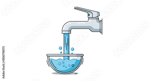 A faucet pouring water into a clear glass bowl, creating bubbles.