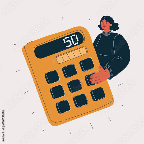Cartoon vector illustration of a woman holding a giant calculator as a metaphor for big financial calculations