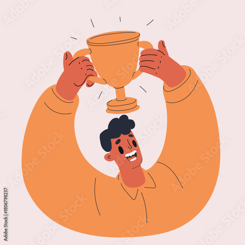 Cartoon vector illustration of a man holding a champion trophy above his head celebrating a great achievement
