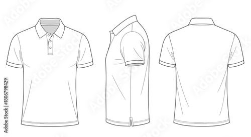 Three views of a white polo shirt, showing front, side and back profiles.