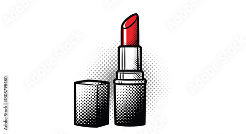 Stylized red lipstick with cap off, depicted in a pop art dot pattern style.
