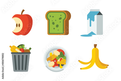 Household food waste icons, apple core, bread slice, milk carton, trash bin, clear bag, banana peel, vector