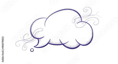 Whimsical purple thought bubble with swirling wind effects and a small circle below.