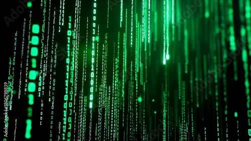 Abstract digital rain of green binary code and flowing data streams over a dark background, depicting cybersecurity, data visualization, information technology and connectivity