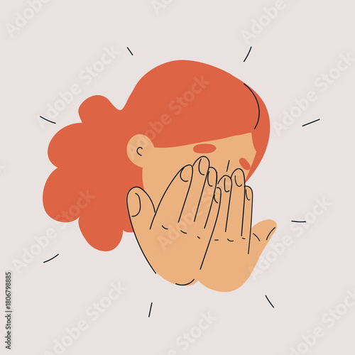Cartoon vector illustration of a woman covering her face with her hands expressing embarrassment or shyness