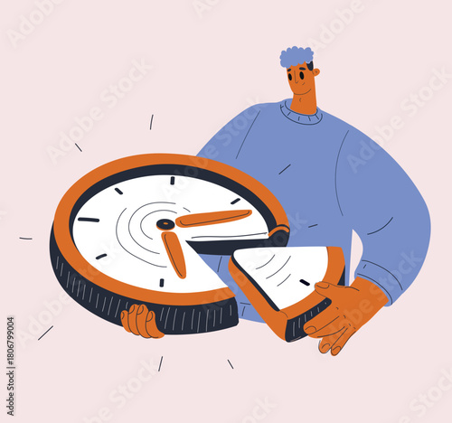 Cartoon vector illustration of a man pulling a piece out of a clock representing time management or taking control of time