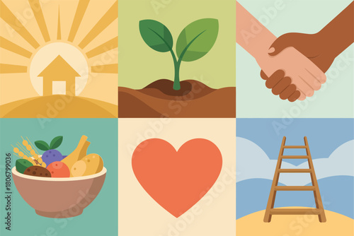 Aid and development tiles, sunrise shelter scene, sprout with soil, firm handshake, food bowl, heart symbol, path ladder