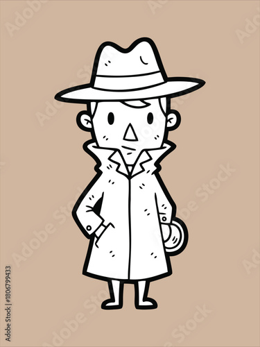 Cartoon detective wearing a trench coat and hat, ready to investigate mysteries
