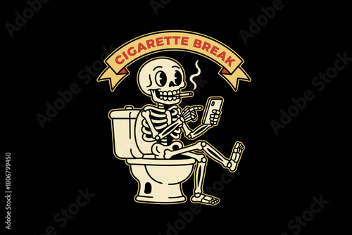 Skeleton smoking cigarette on toilet with phone.