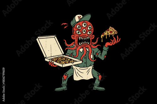A bizarre alien monster dressed as a pizza delivery person holdi