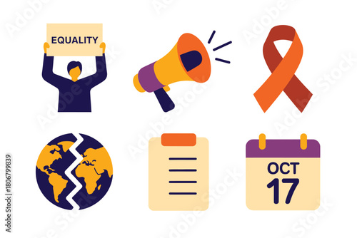 Equality campaign tiles, raised signholder, speaking megaphone, orange ribbon, world globe, confirmation checklist, event calendar, advocacy