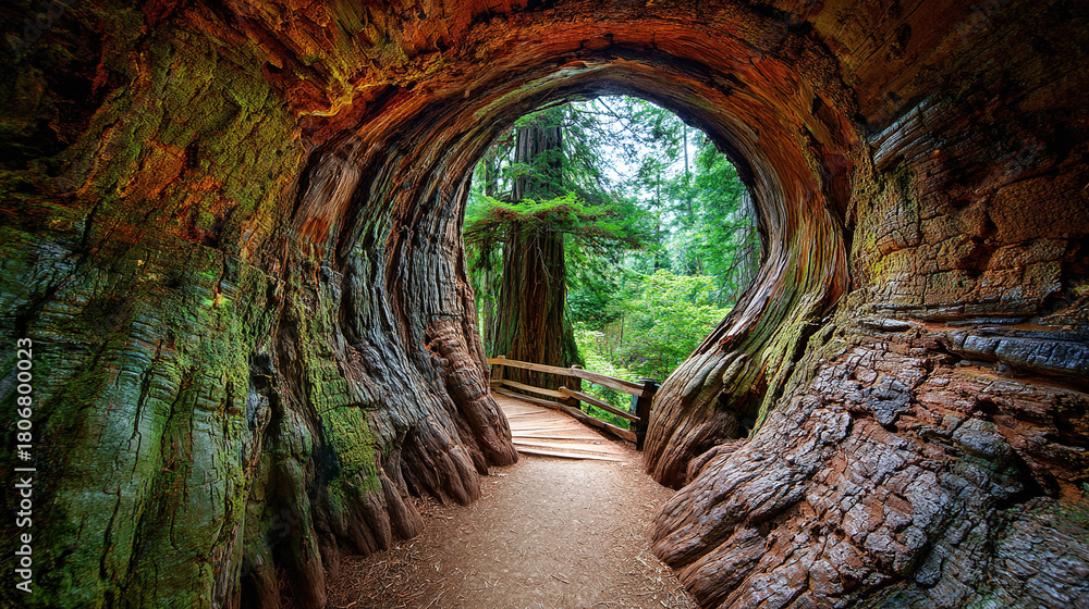 Obraz premium hollow. Ancient tree trunk with a natural hollow tunnel connecting interior and exterior. gardening catalogs, home-decor guides, designed for gardening and botanical catalogs, used by researchers. 