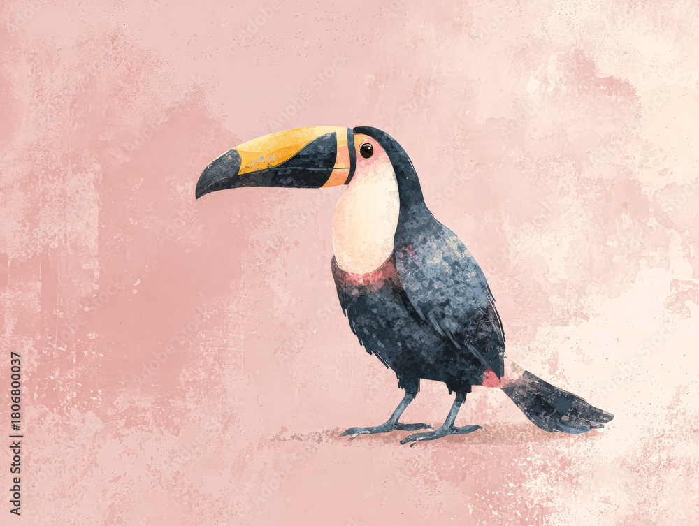 Obraz premium Colorful toucan illustration with vibrant beak against a soft pink textured background