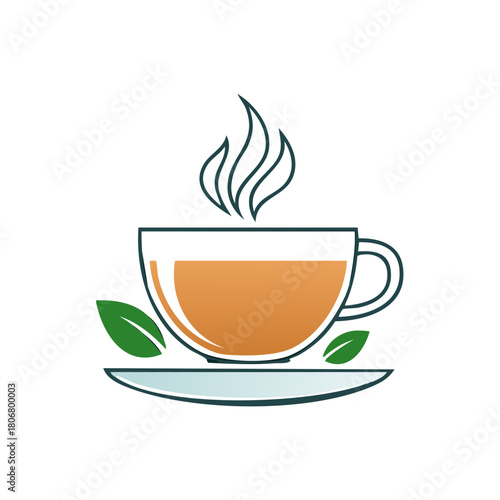 Hot beverage in clear cup with steam on saucer accompanied by green leaves