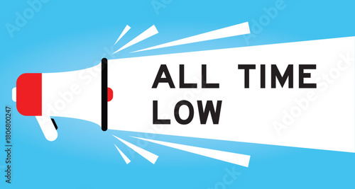 Color megaphone icon with word all time low in white banner on blue background