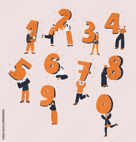 Cartoon vector illustration of men and women holding numbers from 0 to 9 representing teamwork and counting skills