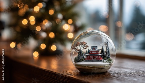 Decorative glass sphere containing a miniature pagoda scene sits upon a wooden surface near festive illumination.