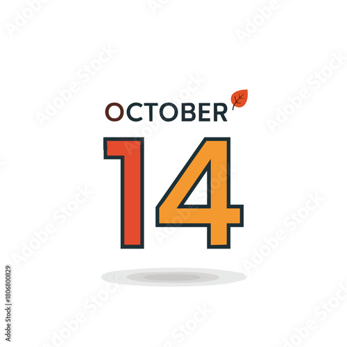 October 14th Seasonal Date with Colorful Digits and Autumnal Leaf Symbol Illustration