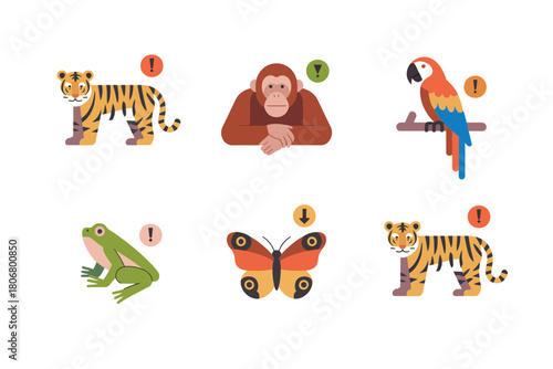 Endangered wildlife icons, tiger, monkey, colorful parrot, green frog, butterfly, pangolin, conservation message, nature protection, vector