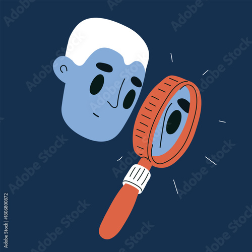 Cartoon vector illustration of a man looking through a magnifying glass symbolizing investigation and curiosity against dark background