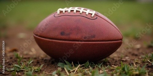 Dynamic football motion blur close up on a weathered leather ball in a grassy field Close up, low angle shot of a weathered, textured, brown leather football with visible stitching, caught in a