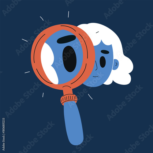 Cartoon vector illustration of a woman looking through a magnifying glass symbolizing investigation and curiosity against dark background