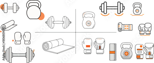 Sports Equipment Line Art Minimal Vector Icon Set Illustration