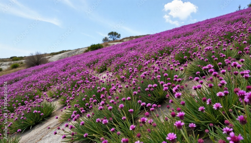 Naklejka premium Wildflower Patch on a Hillside A soft, gentle hillside covered in a dense patch of diverse purple wildflowers. The background is a subtly blurred, natural landscape, creating a peaceful and inviting