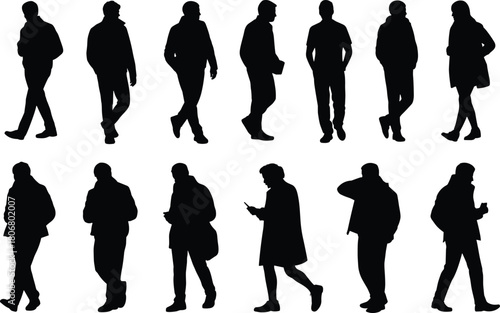Casual people silhouette collection, men walking and standing in jackets, street pedestrians vector illustration set, isolated black figures.