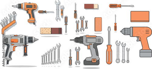 DIY Workshop Tools Vector Set Screwdriver Wrench Drill Sandpaper Illustration