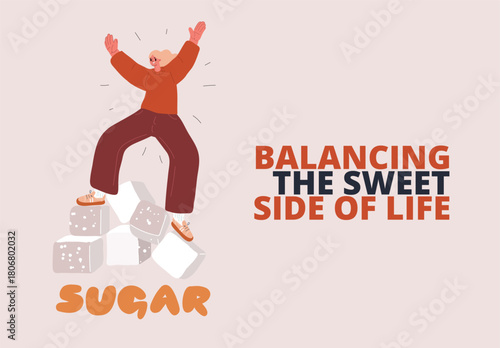 Cartoon vector illustration of a woman balancing on sugar cubes symbolizing fragility and careful planning