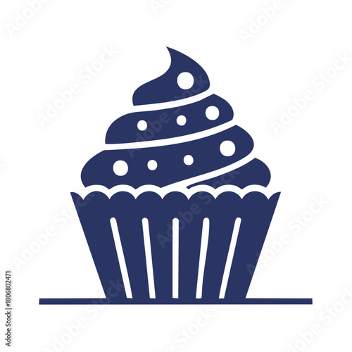 Stylized dark blue cupcake icon with swirling frosting decorated with white dots on a white background