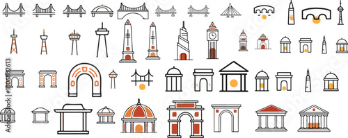 Tiny City Landmark Icons Set Bridges Towers Pavilions Vector Illustration